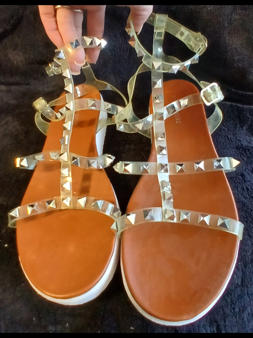Clear Studded T-Strap Sandals in Brown